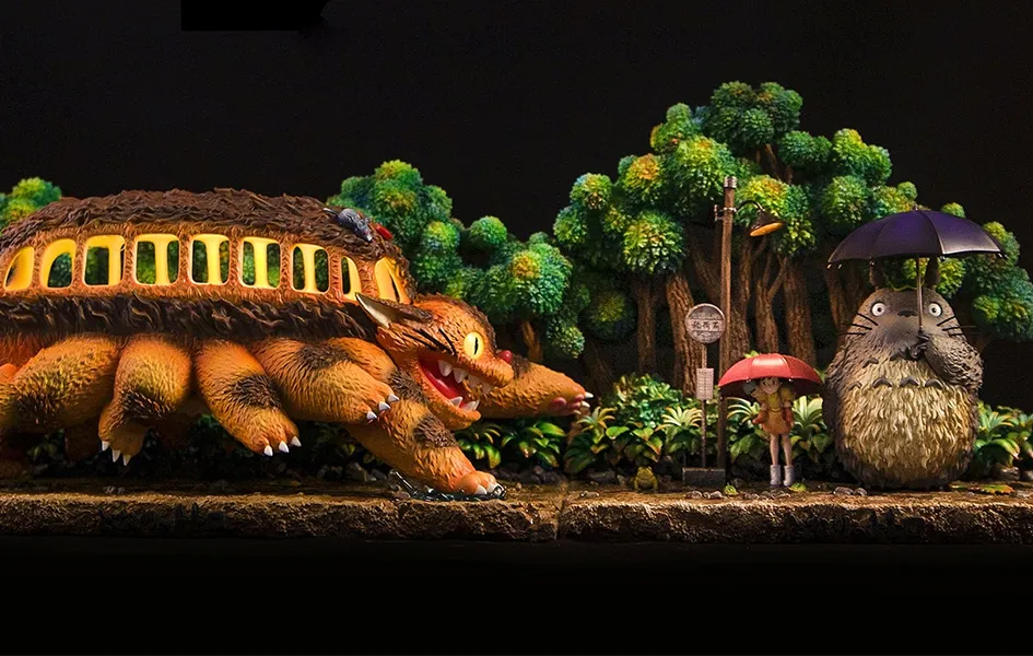 Gift For Him PVC Piece My Neighbour Totoro - Catbus and Bus Stop Statue Set