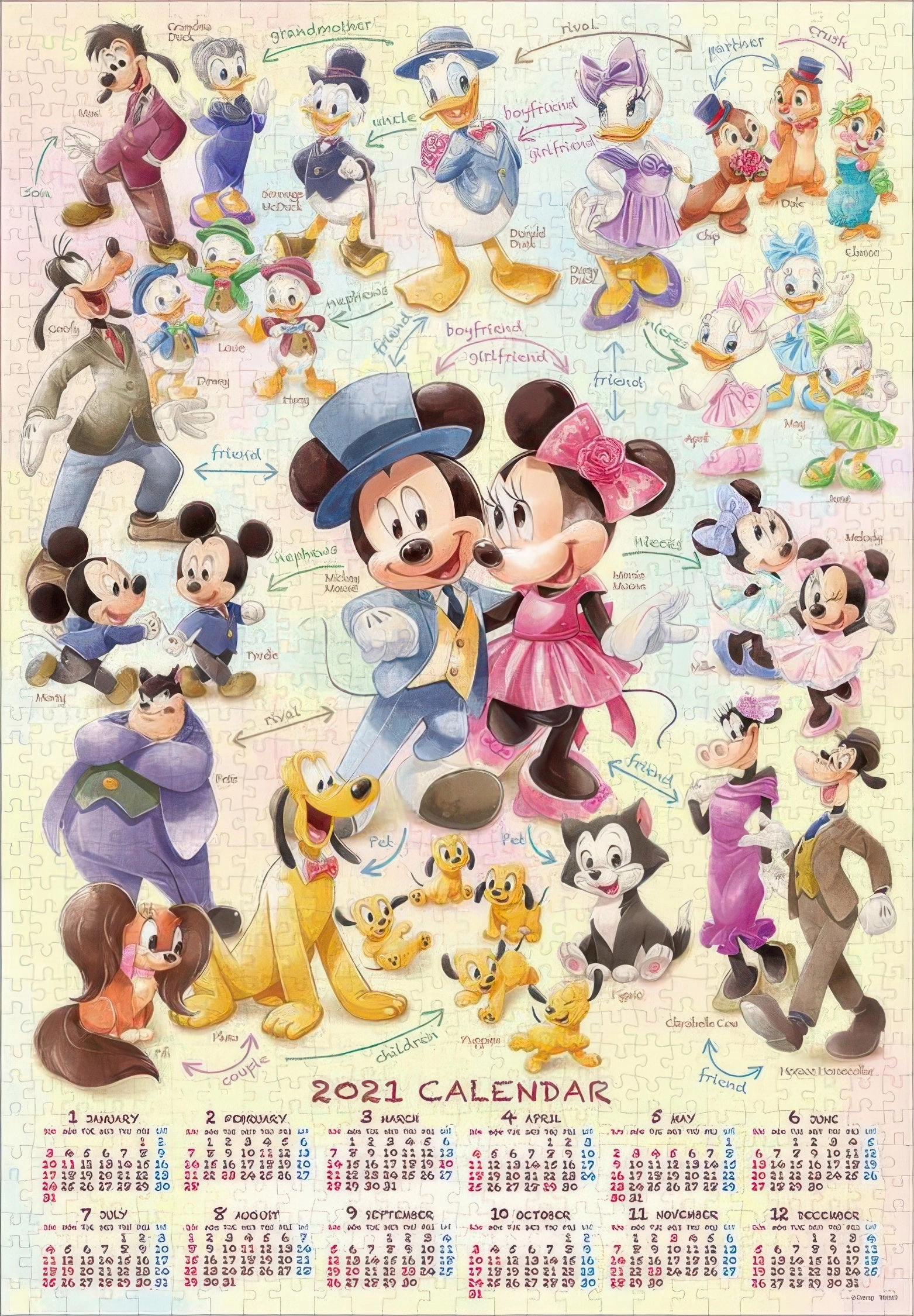 Tenyo D-1000-070??Mickey & Friends (2021 Calendar)??1000 Pieces Jigsaw Puzzle Display Base